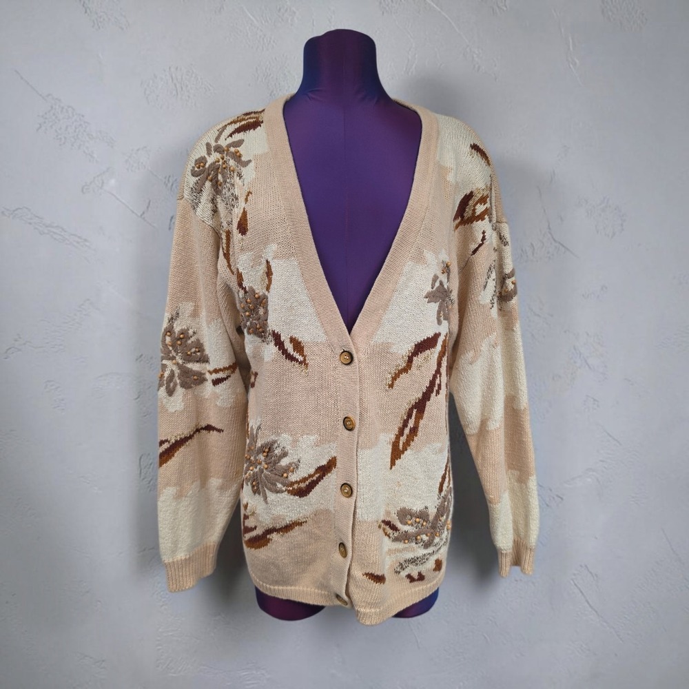 Koret Vintage Floral Beaded Cardigan Sweater Tan Brown Silk Blend Size M